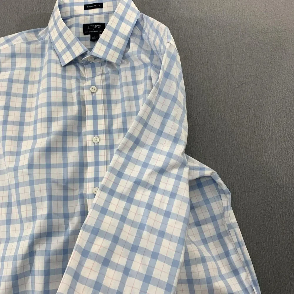 J.Crew Dress Shirt Mens 16.5 34/35 Blue Plaid Thompson Flex Wrinkle Free Stretch